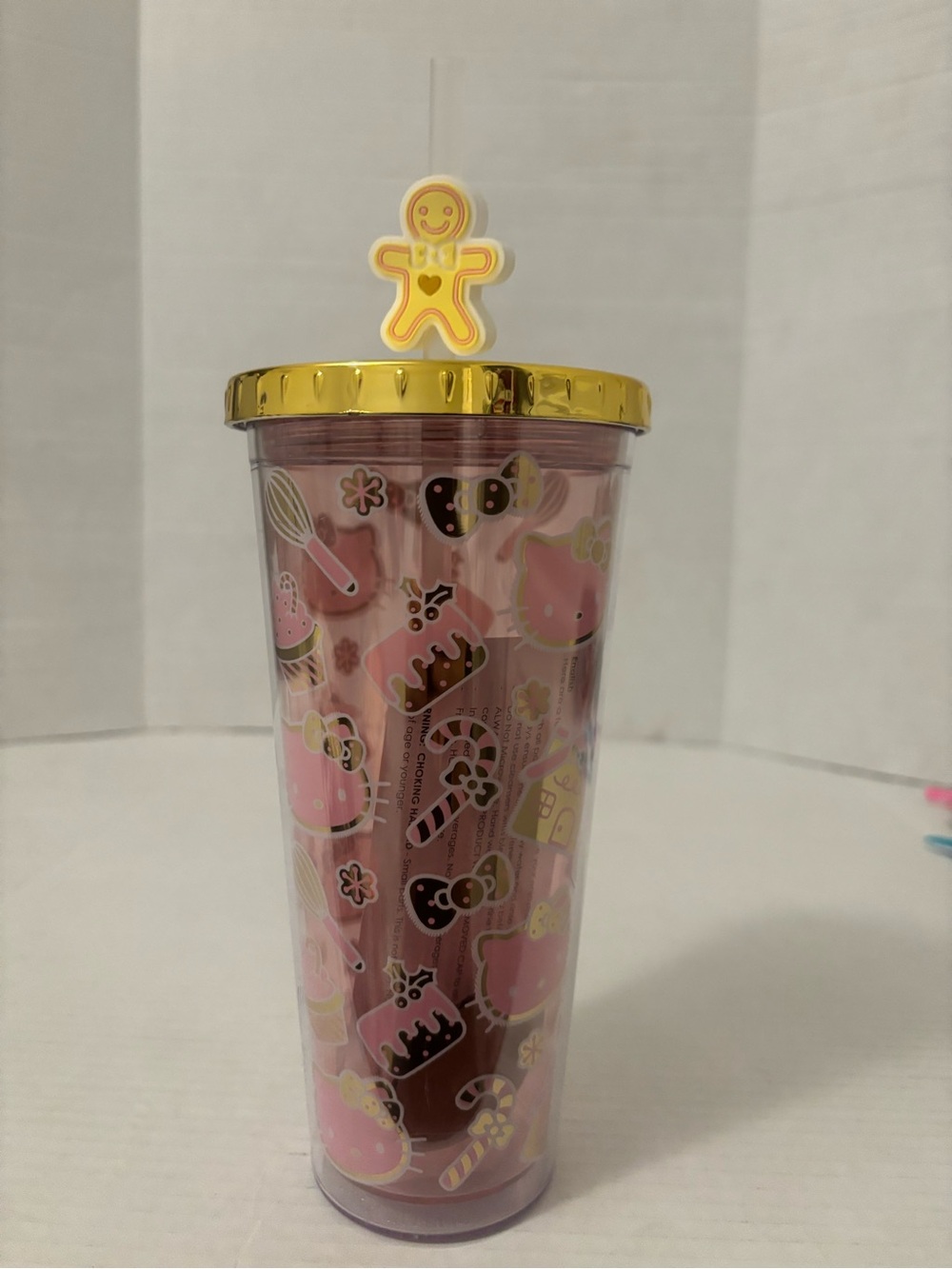 Hello Kitty Pink Party Tumbler with Gold Lid and Gingerbread Charm